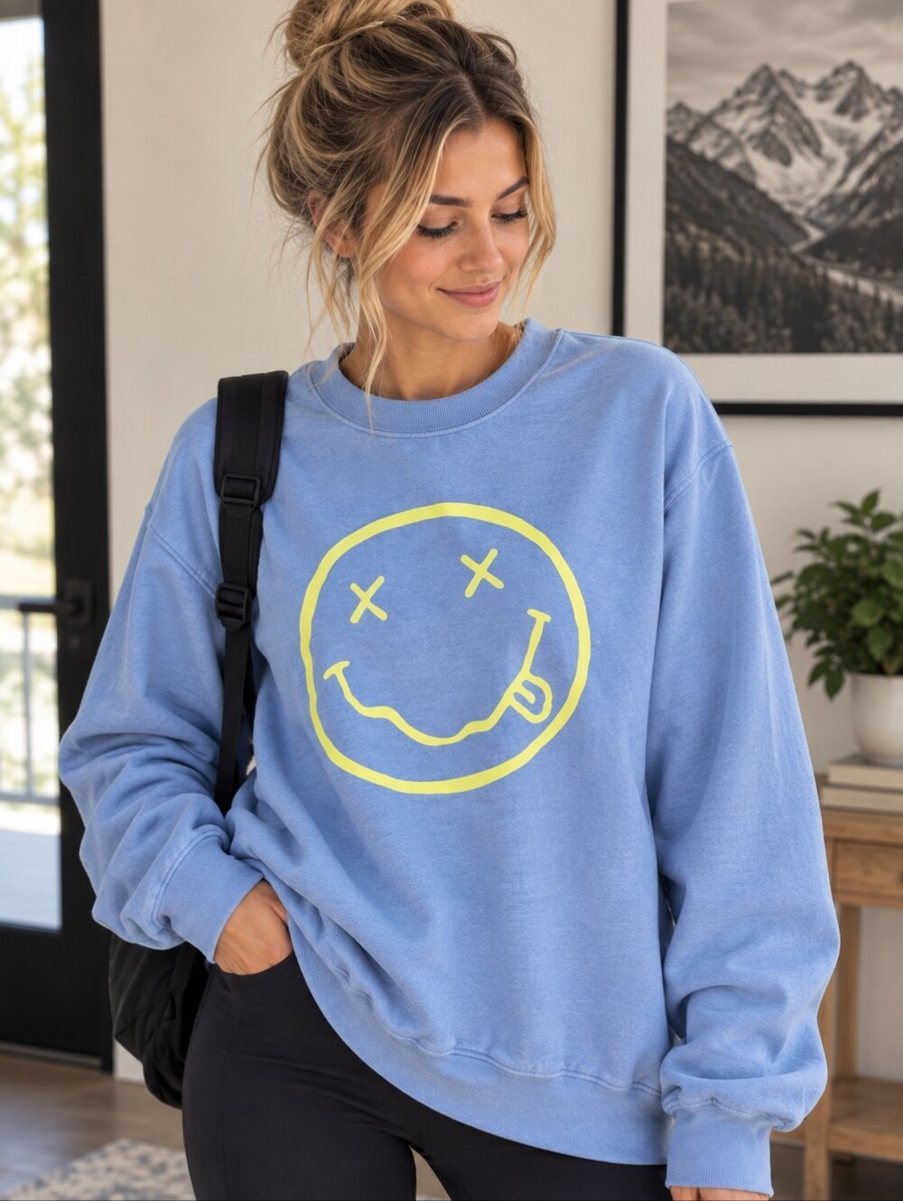Gildan Blue Crewneck Sweater with Neon Smiley Face